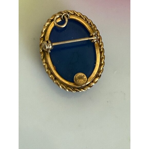 Vintage 50's 12K GF Blue Glass Pearl Shell Cameo Brooch Pendant - Picture 6 of 7